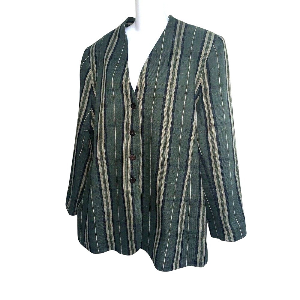 Oscar de la Renta Basics Blazer Green Stripe V-Neck Button Front Jacket 44